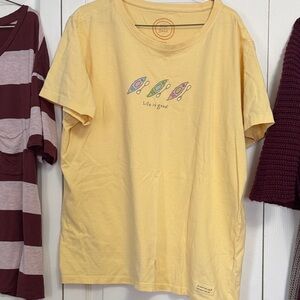 Life Is Good Yellow Tee with Colorful Kayak Graphic